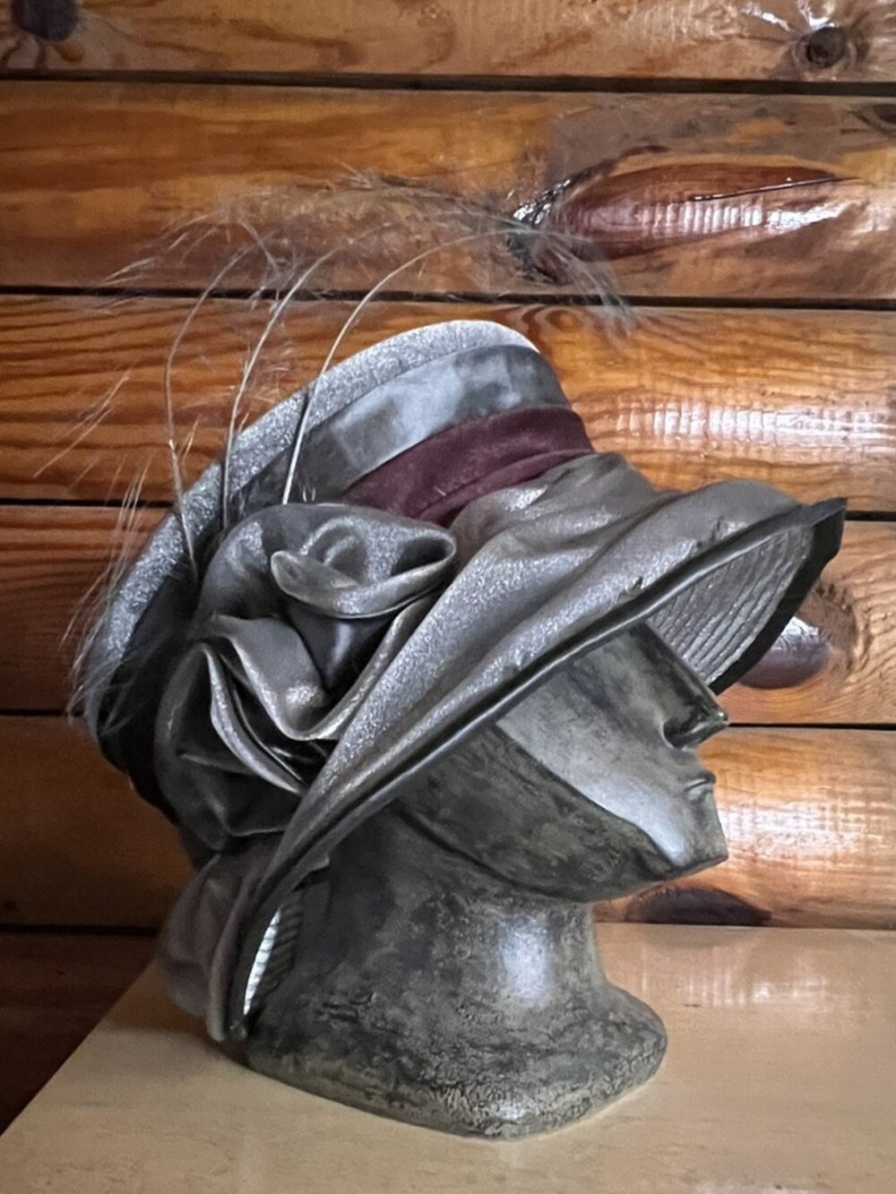 Vtg Evelyn Anne Grey Victorian Hat with Burgundy Sash, Grey Bow & Feathers Lined